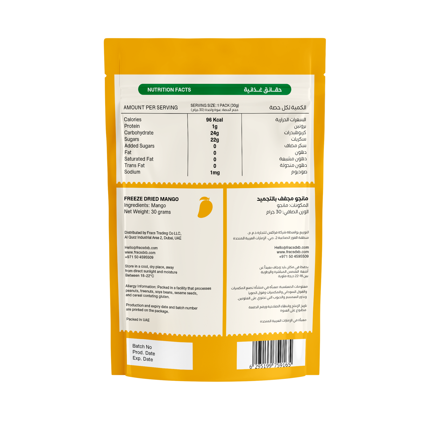 Delicious healthy snack Freeze-dried mango at Fracs Freeze-dried in Dubai, Abu Dhabi and Sharjah. Back Package.