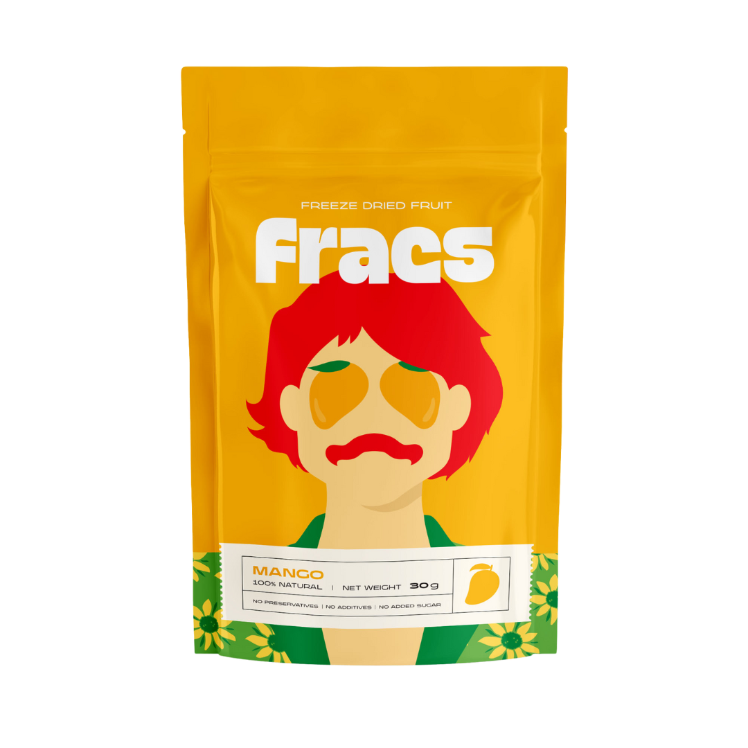Delicious healthy snack Freeze-dried mango at Fracs Freeze-dried in Dubai, Abu Dhabi and Sharjah. Front Package.