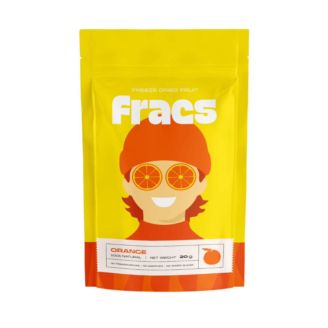 Delicious healthy snack Freeze Dried Oranges at Fracs Freeze-dried fruits in Dubai, Abu Dhabi and Sharjah. Front Package.
