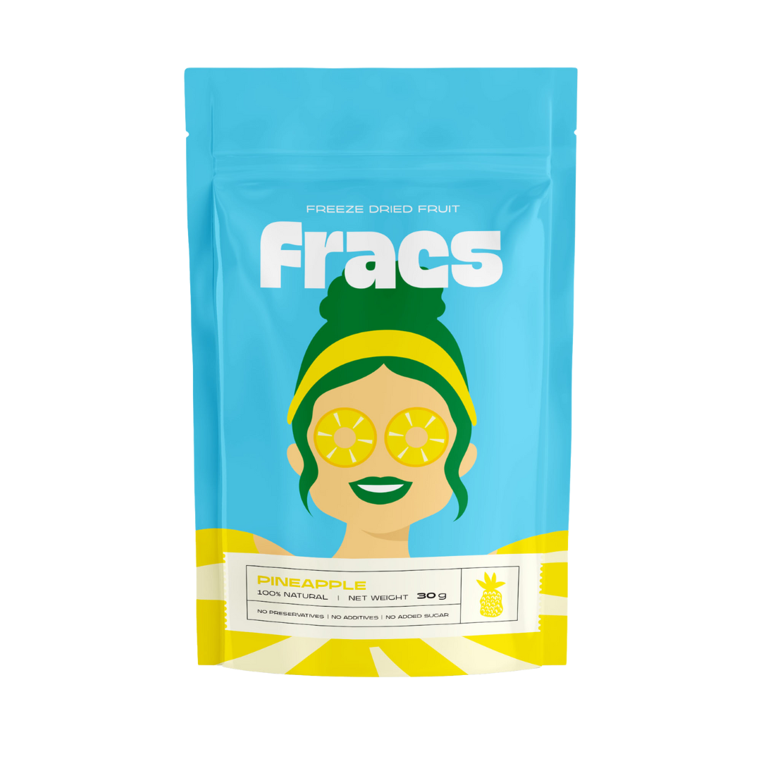 Delicious healthy snack Freeze Dried Pineapple at Fracs Freeze-dried fruits in Dubai, Abu Dhabi and Sharjah. Front Package.
