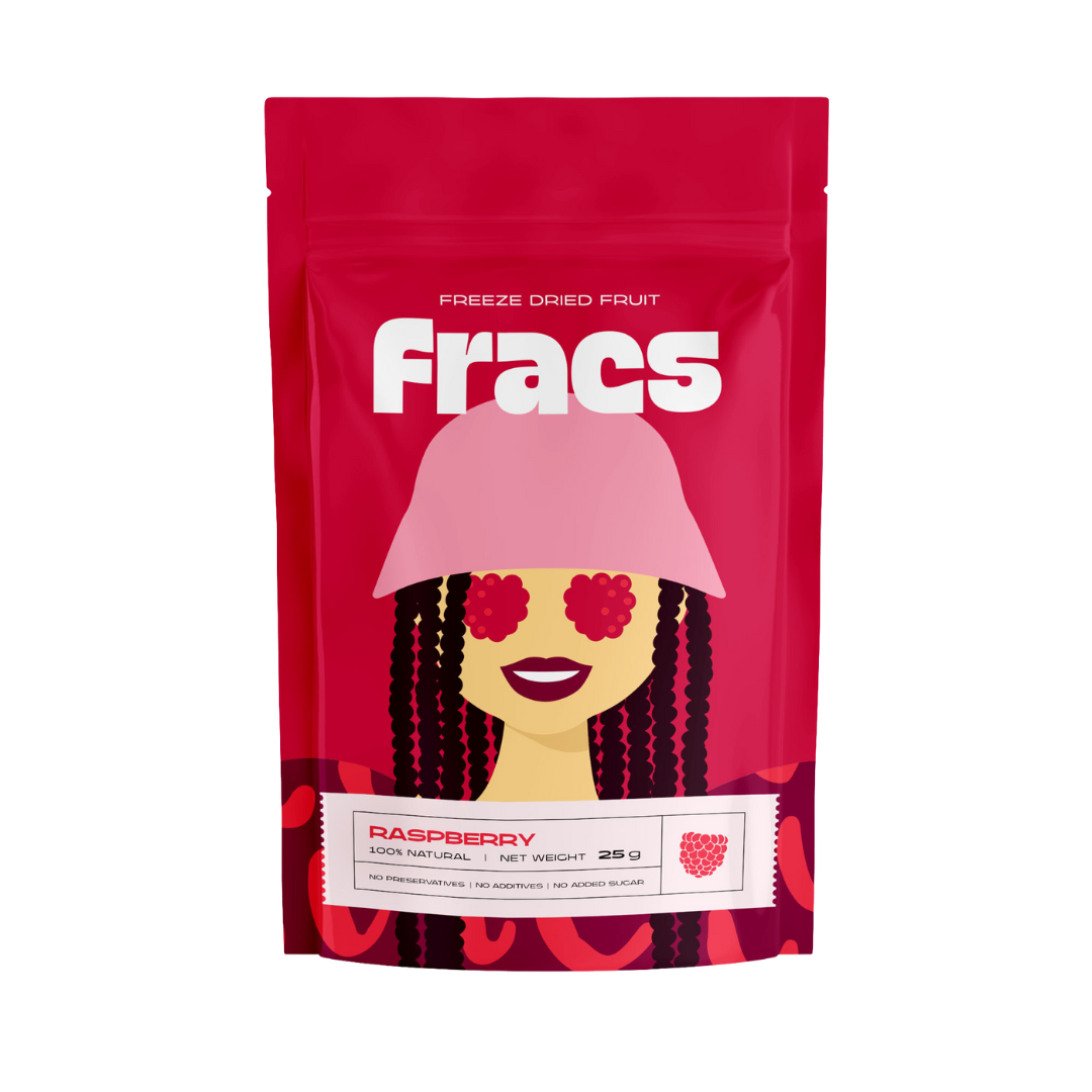 Delicious healthy snack Freeze-dried  Raspberry at Fracs Freeze-dried fruits in Dubai, Abu Dhabi and Sharjah. Front Package.
