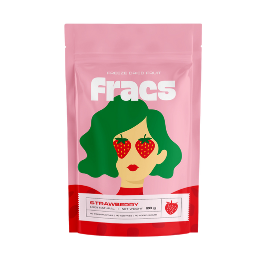 Delicious healthy snack Freeze Dried Strawberries at Fracs Freeze-dried fruits in Dubai, Abu Dhabi and Sharjah. Front Package.