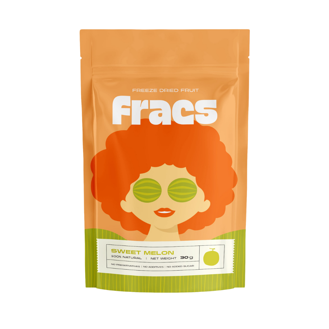 Delicious healthy snack Freeze-dried  Sweet Melon at Fracs Freeze-dried fruits  in Dubai, Abu Dhabi and Sharjah. Front Package.